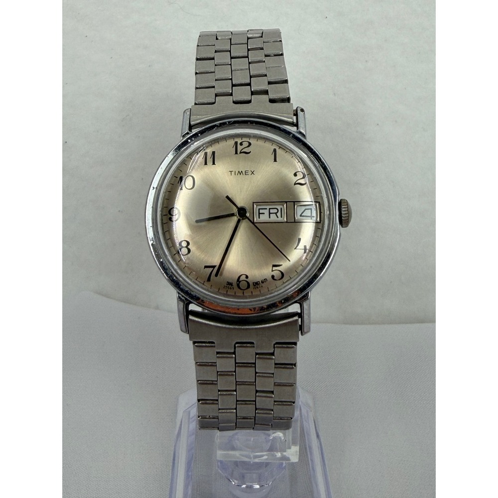 Vintage Timex Manual Wind Watch Day Date Champagne Dial 25569 10679 Silver Tone